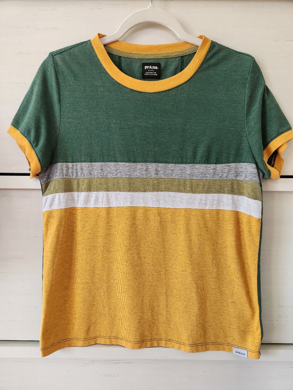 prAna Women's Cozy Up Ringer Tee retro colorblock green, yellow, gray Sz Medium